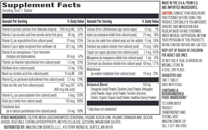 Amazon Elements Men's One Daily Multivitamin 62% Whole Food Cultured Vegan 21 Vitamins and Minerals 65 Tablets 2 Month Supply (Packaging may vary)