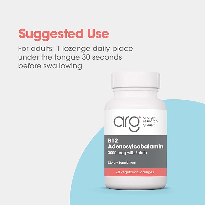 Allergy Research Group B12 Adenosylcobalamin Supplement - with Folic Acid Vitamin B12 3000 mcg Folate Pure B12 Vegetarian Lozenges - 60 Count