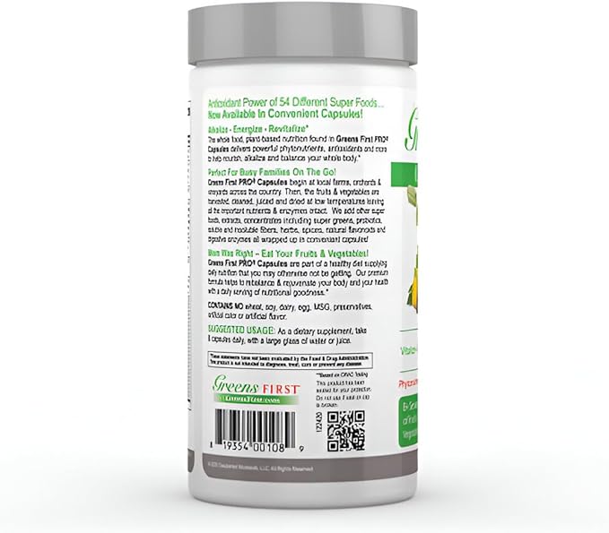 Greens First Phytonutrient Capsules - 49 Antioxidant-Rich Superfoods with Organic Fruits &amp Veggies Prebiotics Probiotics and Digestive Enzymes - 180 Capsules