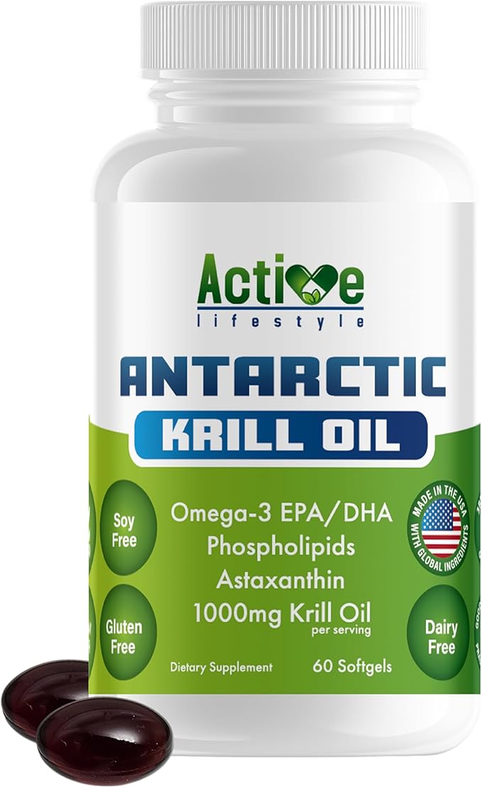 Active Lifestyle Antarctic Krill Oil Supplement High Absorption EPA DHA Astaxanthin &amp Phospholipid Red Krill GMO Free Gluten Free Soy Free Dairy Free Lab Tested Made in USA