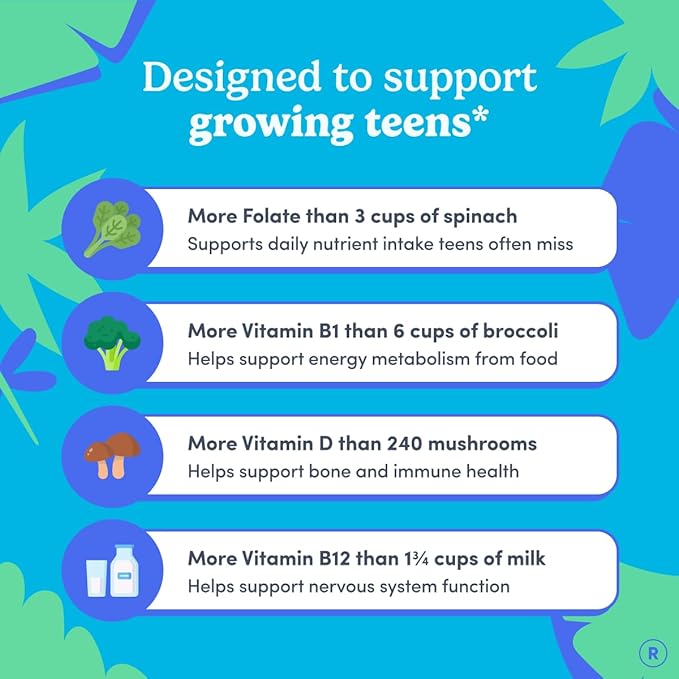 FIRST DAY Vitamins for Teens - Teen Multi Vitamins for Girls &amp Boys 12-17 Organic Fruit &amp Veggie Blend - 12 Key Nutrients: Vitamins A B1 B2 B6 B9 B12 C D3 E K2-60 Day Supply