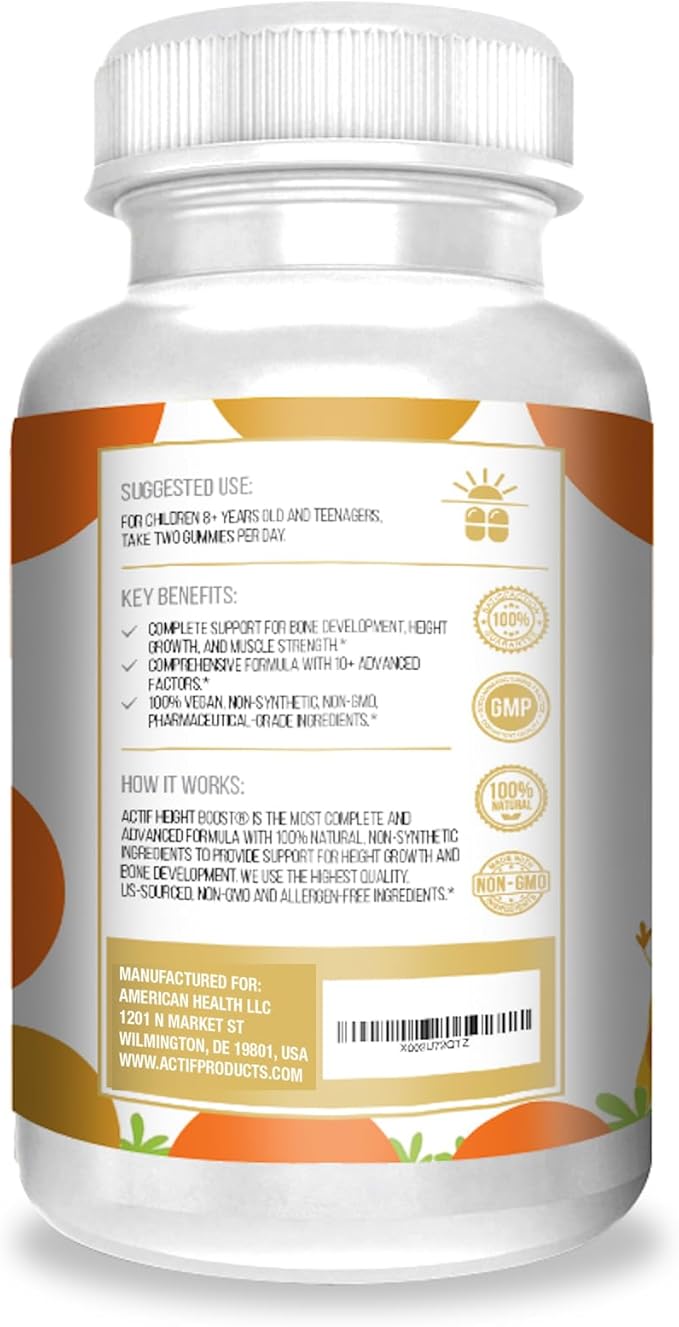 Actif Height Boost Mega Support for Kids 3-8 Years Old Height Growth with 10+ Factors 60 Gummies Strawberry Flavor Get Tall Fast Formula