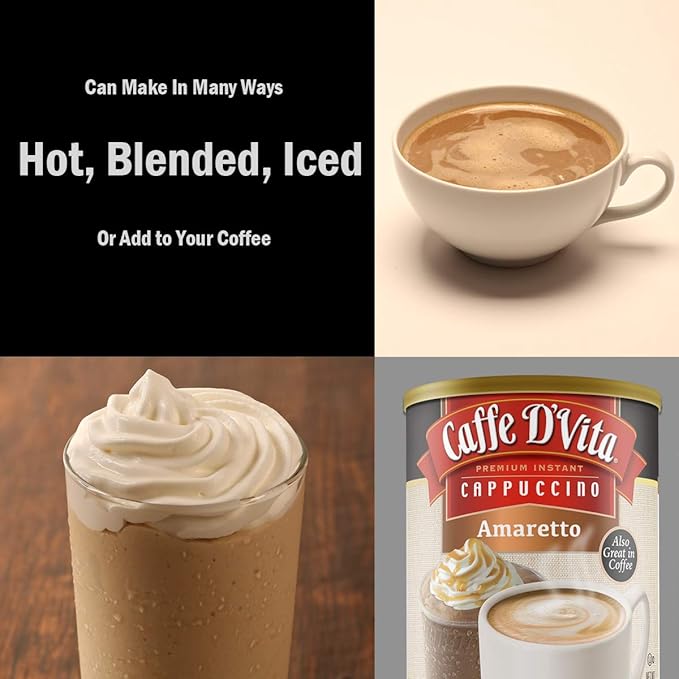 Caffe D'Vita Amaretto Cappuccino Mix - Amaretto Cappuccino Instant Mix Gluten Free No Cholesterol Hydrogenated Oils or Trans Fat 99% Caffeine Free - 16 Oz Can 6-Pack