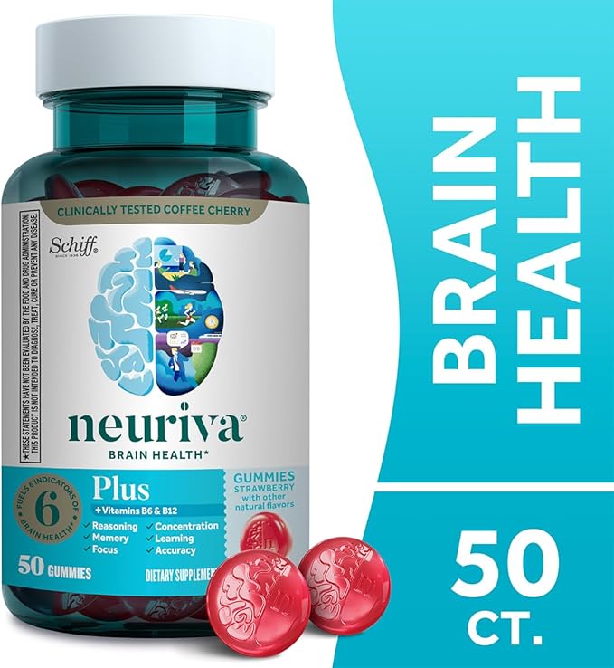 NEURIVA Plus Decaffeinated Nootropic Brain Supplements for Memory Focus Concentration Cognitive Function Clinically Tested NeuroFactor Phosphatidylserine Vitamins B6 B12 50ct Strawberry Gummies