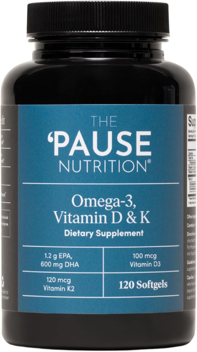 The 'Pause Life Omega 3 Vitamin D &amp K2 Gluten Free Supplement Fish Oil and Vitamin Formula Immune Support Daily Wellness Routine Natural Ingredients Dairy Free Unflavored 120 Softgels