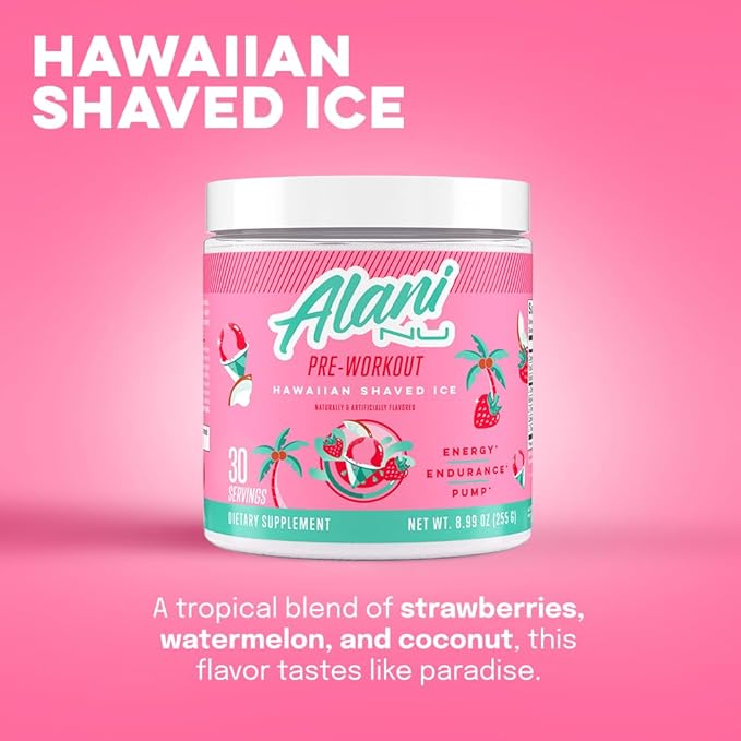 Alani Nu Pre Workout Powder Hawaiian Shaved ICE Amino Energy Boost Endurance Supplement Sugar Free 200mg Caffeine L-Theanine Beta-Alanine L-Citrulline 30 Servings
