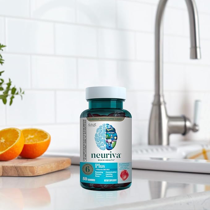 NEURIVA Plus Decaffeinated Nootropic Brain Supplements for Memory Focus Concentration Cognitive Function Clinically Tested NeuroFactor Phosphatidylserine Vitamins B6 B12 50ct Strawberry Gummies
