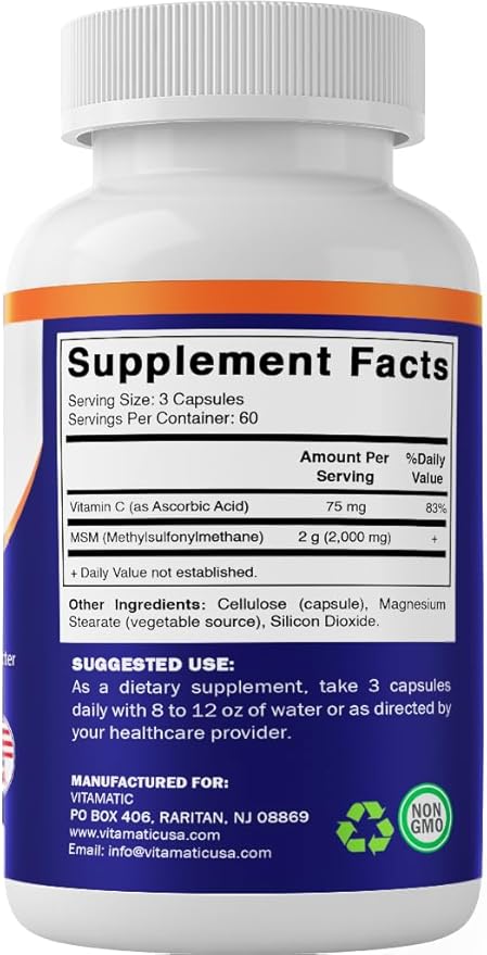 Vitamatic MSM 2000 mg with Vitamin C 75mg per Serving - 180 Veg Capsules - Vitamin C Aid in Better absopriton of MSM (Methylsulfonylmethane) - Non-GMO &amp Gluten Free-2 Pack