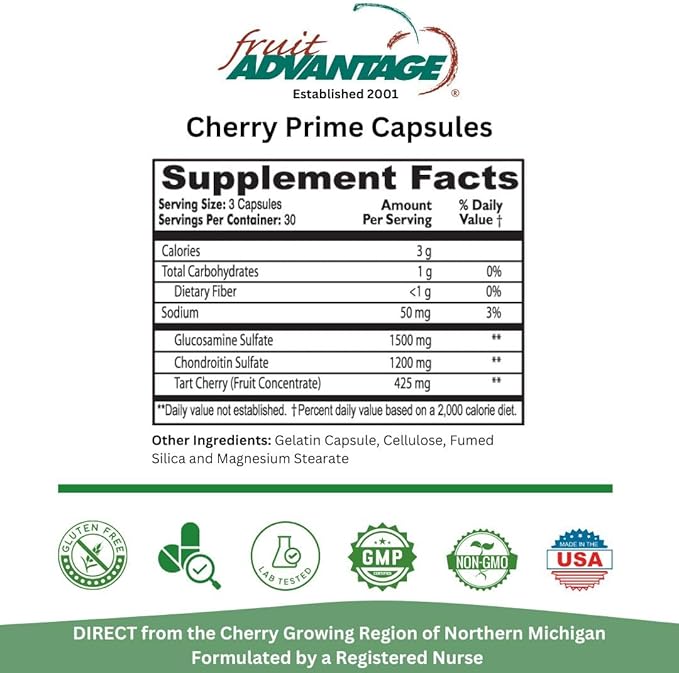 Cherry Prime Montmorency Tart Cherry with Glucosamine &amp Chondroitin - 90 Capsules (Case of 12)