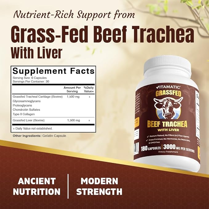 Vitamatic Grass-Fed Beef Trachea with Liver 180 Capsules – Freeze-Dried Non-GMO Bovine Liver Supplement – Pasture-Raised Glandular-Based Formula