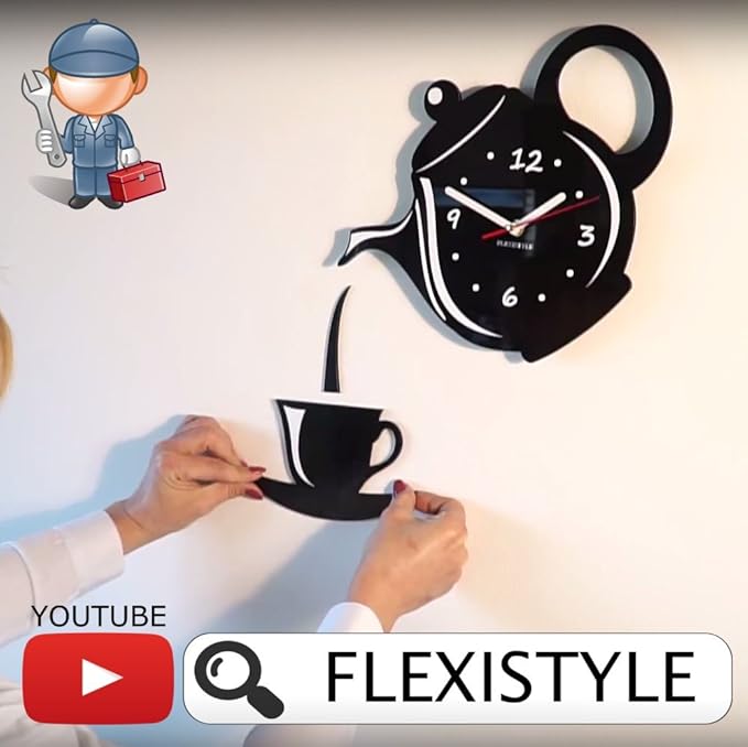FLEXISTYLE Modern Kitchen Wall Clock Cup and Jug Black 45 cm x 45 cm 3D Silent Design Made in EU