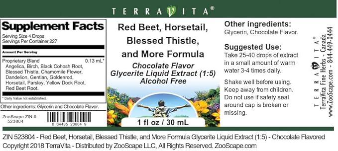 Terravita Red Beet Horsetail Blessed Thistle and More Formula Glycerite Liquid Extract (1:5) - Chocolate Flavored (1 oz ZIN: 523804)