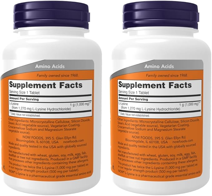 NOW Foods Supplements L-Lysine (L-Lysine Hydrochloride) 1000 mg | Double Strength Amino Acid | 250 Tablets - Pack of 2 with Pill Organizer