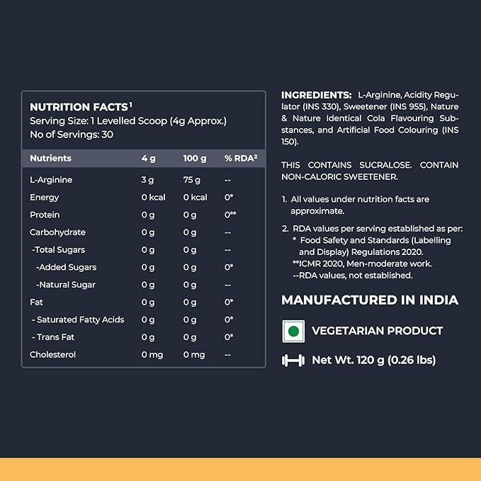 L-Arginine Supplement Cola Flavor Pre Workout Amino Acid for Endurance Muscle Building Healthy Immune System Powder - 120g
