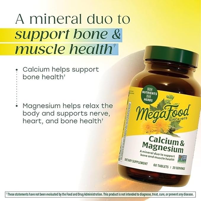 MegaFood Calcium Magnesium Supplement - Supports Bone Health &amp Heart Health - Magnesium Calcium Supplements for Women and Men - Non-GMO - 60 Tablets (20 Servings)