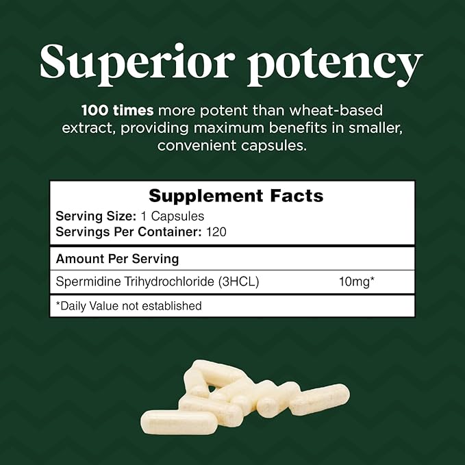 Probase Nutrition Spermidine (10mg of 99% Spermidine 3HCL - Third Party Tested) 120 Capsules - 100x More Potent Than Wheat Germ Extract Telomere Health and Aging 120-Day Supply - As efficient as NMN