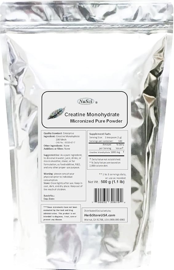 Pure Creatine Monohydrate Micronized Powder (500 Grams (1.1 lb))