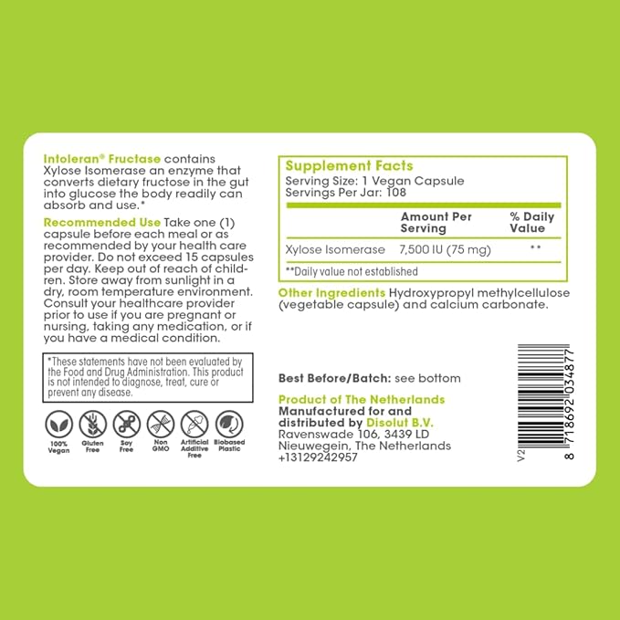 Intoleran Fructase Digestive Enzymes - 108 Capsules | Supplement for Fructose Intolerance | Enzymes to Help Digest Sugary Foods &amp Drinks (Fruit Sugar) | Fast Acting | Pure and Vegan | Low FODMAP