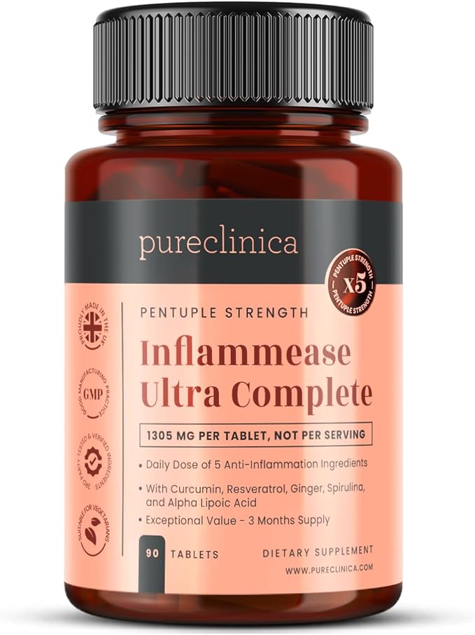 pureclinica INFLAMMEASE Ultra Complete 1305mg x 90 Tablets (Ginger Curcumin Spirulina ALA Resveratrol- 5 Supplements in 1) - 3 Months Supply