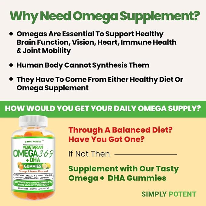 Simply Potent Omega 3 Fish Oil Gummies Plant Based Alternative to Cod Liver Oil Burpless Vegetarian DHA Chews for Adults and Kids Orange Lemon Flavor Supplement