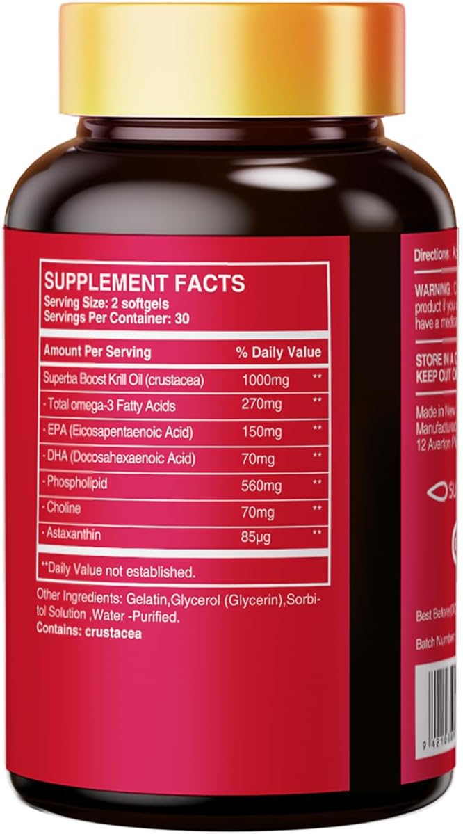 HUJ Antarctic Krill Oil 1000mg with Omega-3s EPA DHA Astaxanthin Phospholipids and Choline - Sustainably Sourced - 60 Softgels