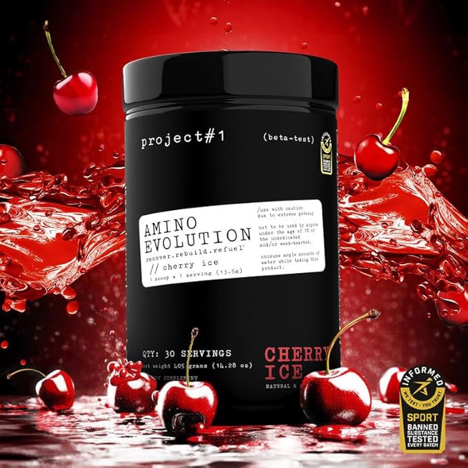 Project #1 AminoEVolution: Muscle Support &amp Recovery | BCAA's EAA's Electrolytes Powder | Keto-Friendly Energy Boost | Pre Workout for Men &amp Women | 30 Servings - Cherry Ice | Amino Acids
