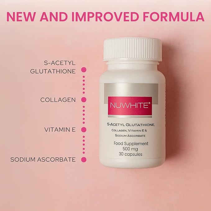 Nu White S-Acetyl Glutathione 30 Capsules – New Improved Formula for Radiant Even-Toned Skin | Premium Supplement for Daily Wellness &amp Glow