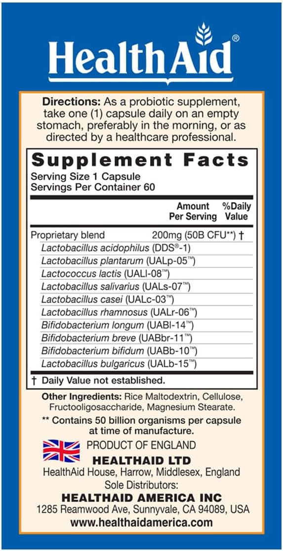 HealthAid ImmuProbio 50 Billion CFU Probiotic – Once Daily Digestive &amp Immune Support – with Prebiotic (FOS) &amp DDS-1 Strain – Acid &amp Bile Resistant – Vegan – 60 Capsules*