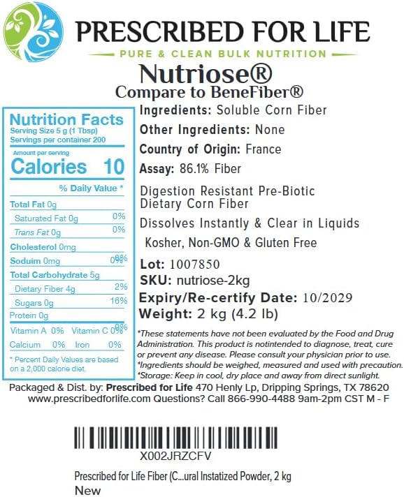 Prescribed For Life Nutriose Powder Natural Fiber Supplement Prebiotic Soluble Corn Fiber for Adults Gluten Free Vegan Non GMO (2kg)
