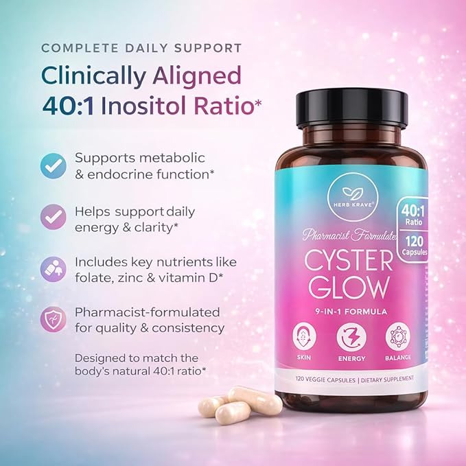 Cyster Glow 9-in-1 Women’s Inositol Complex – Myo &amp D-Chiro Inositol 40:1 – Pharmacist-Formulated Daily Wellness Support.