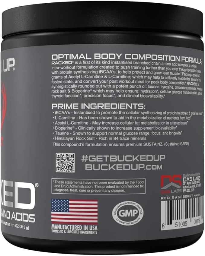 Bucked Up- BCAA RACKED™ Branch Chained Amino Acids | L-Carnitine Acetyl L-Carnitine GBB | Post Workout Recovery Protein Synthesis Lean Muscle BCAAs That You Can Feel! 30 Servings (Blood Raz)