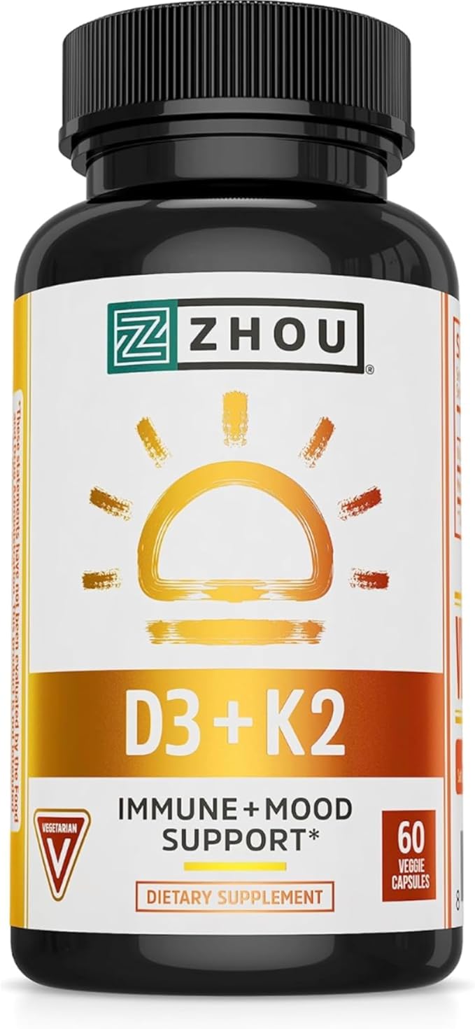 Zhou D3 + K2 &amp Thyroid Support - Vitamin D3 K2 Supplement for Women &amp Men with 5000 IU of Vit D &amp MK-7 Thyroid Supplement with Zinc Iodine &amp Selenium Metabolic Health - 60 Capsules