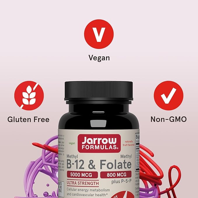 Jarrow Formulas Methyl B-12 &amp Methyl Folate Bioactive Vitamin B9 and Vitamin B12 Supplement Healthy Brain Function &amp Metabolism 60 Chewable Tablets 60 Servings (Pack of 2)