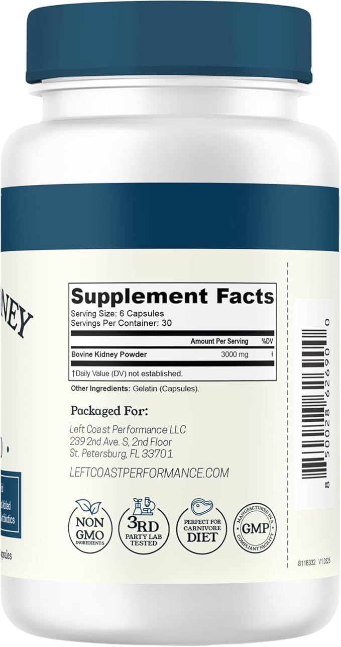 Left Coast Performance Grass Fed Beef Kidney Supplement –100% Grass Fed Freeze Dried Non-GMO New Zealand Pasture Raised Beef Organ Supplement - DAO Enzyme and Histamine Support– 180 Capsules