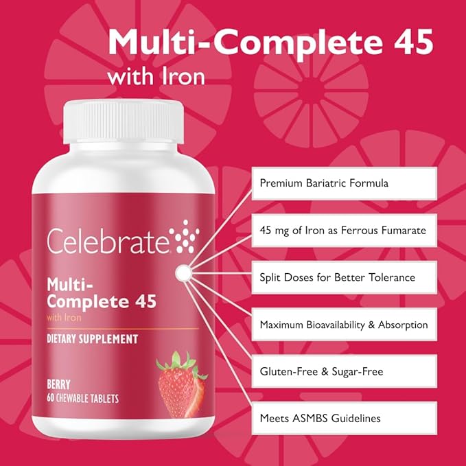 Celebrate Vitamins Multi-Complete Chewables 45mg Iron – Daily Bariatric Multivitamin for Sleeve Gastrectomy and Gastric Bypass Surgery Patients – Essential Vitamins &amp Minerals - Berry (60 Tablets