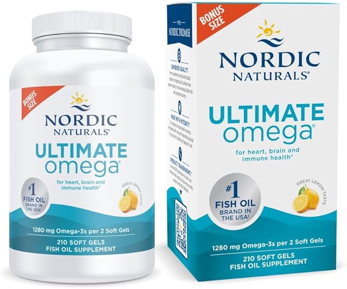Nordic Naturals Ultimate Omega Lemon Flavor - 210 Soft Gels - 1280 mg Omega-3 - High-Potency Fish Oil with EPA &amp DHA - Promotes Brain &amp Heart Health - Non-GMO - 105 Servings