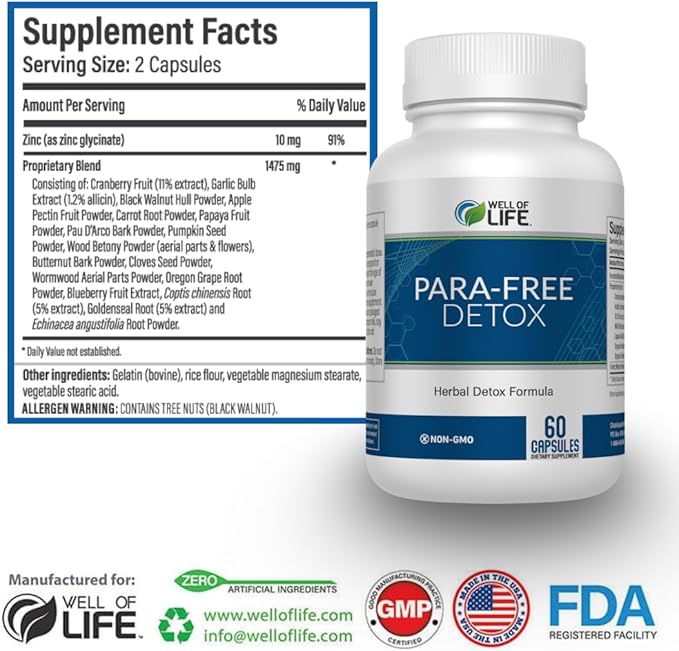Well of Life para-Free Detox: Immune Support &amp Natural Detox Blend with Zinc Black Walnut Wormwood Goldenseal Cranberry &amp Garlic. Synergistic Formula for Overall Wellness: 90 V Capsules