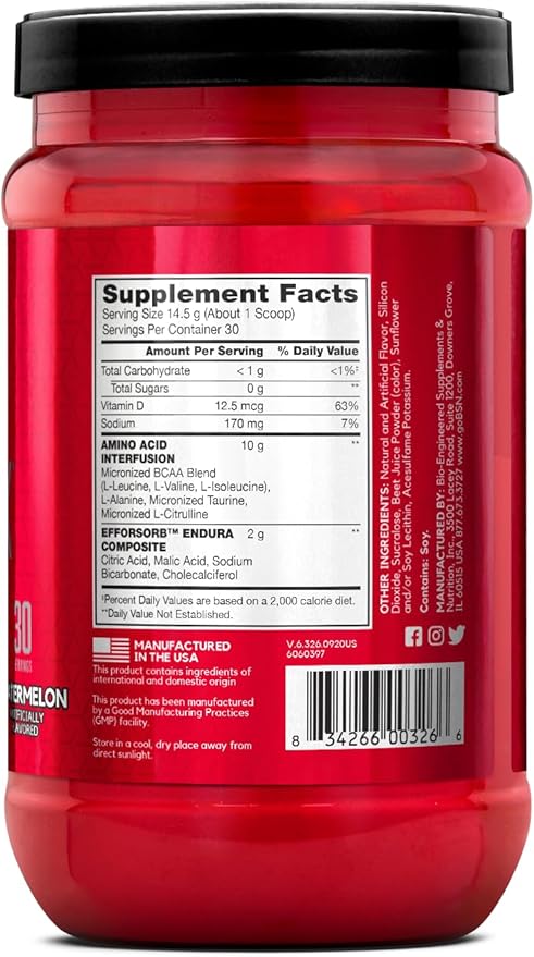 BSN Amino X Muscle Recovery &amp Endurance Powder BCAAs 10 Grams of Amino Acids Keto Friendly Caffeine-Free Support Endurance Zero Sugar Watermelon 30 servings 15.34 Ounce (Packaging May Var