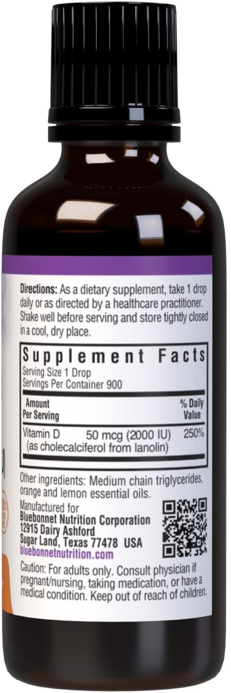 Bluebonnet Vitamin D3 2000IU 50mcg Strong Bones &amp Immune Support Supplement - Liquid Vitamins for Women &amp Men - Lanolin Vit D Drops with MCT Oil - Non-GMO Vegetarian - Citrus Flavor - 1 Fl Oz