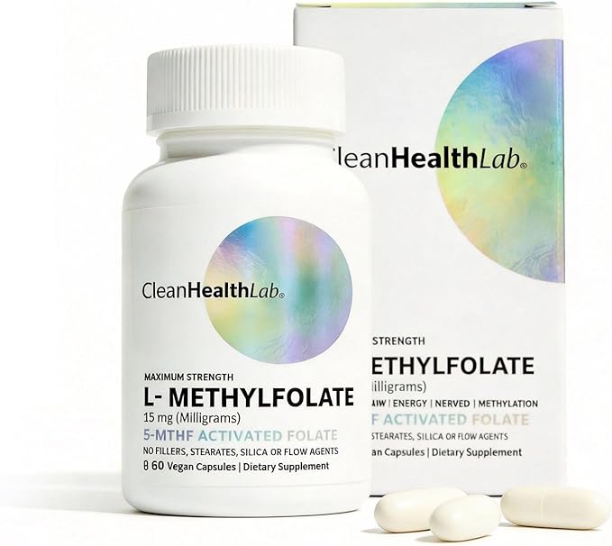 CleanHealthLab L-Methylfolate 15mg 5-MTHF Active Folate - Maximum Potency Methylated Vitamin B9 Supplement - Support for Brain Health Energy Nerves and Methylation with No Fillers (60 Count)