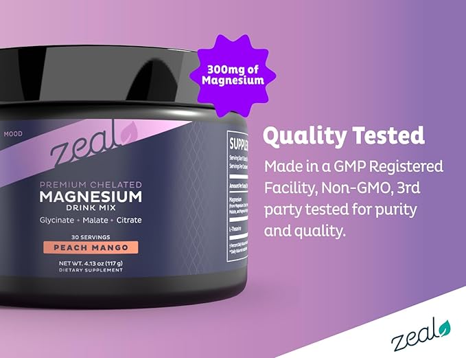 Premium Chelated Peach Mango Magnesium Glycinate Malate Citrate Triple Blend Magnesium Complex (Drink Mix (30 Serv.)