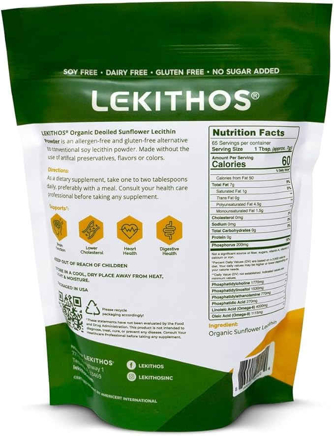 Organic Sunflower Lecithin Powder (Deoiled) | 1770mg Phosphatidylcholine Per Serving | Omega-6 &amp Omega-9 Fatty Acids | USDA Organic Non-GMO Soy-Free Gluten-Free Vegan | 16oz (454g)