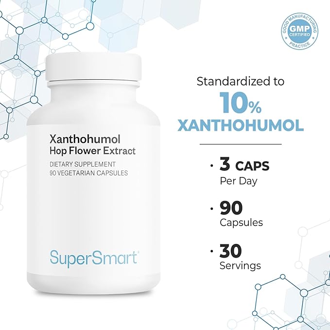 Supersmart - Xanthohumol Supplement (Hops Flower Extract) 150 mg per Day - Antioxidant &amp Anti Aging - Calm &amp Sleep Support - Hormone Balance | Non-GMO &amp Gluten Free - 90 Vegetarian Capsule