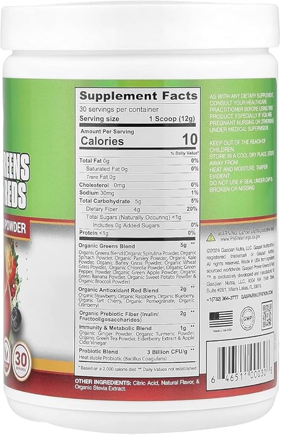 Gaspari Nutrition Greens and Reds: Organic Superfood Powder Immune Support Probiotics and Fiber Vegan and Non-GMO (30 Servings Mango Splash)
