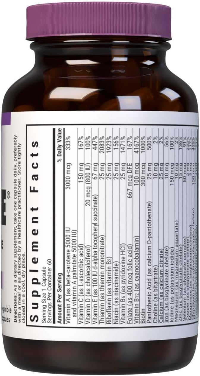 Bluebonnet Nutrition Mult One (with Iron) Daily Nutritional Support* Vegetarian Friendly Kosher Certified Gluten-Free Dairy-Free 60 Vegetable Capsules 60 Servings