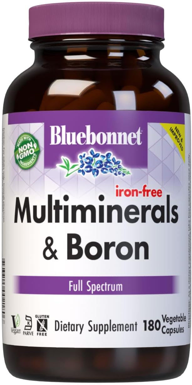 Bluebonnet Multi Minerals Supplement Plus Boron Chelated Magnesium Potassium Copper Selenium Manganese Chromium &amp Zinc Complex for Women &amp Men - No Iron Non-GMO Gluten-Free - 180 Vegetable C