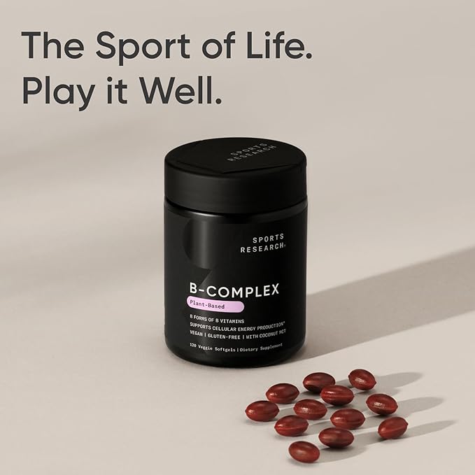 Sports Research® Vitamin B-Complex - Full Spectrum of B Vitamins with Methylated B12 &amp Folate - Gluten Free · Plant-Based · Non-GMO · Vegan-Friendly Formula - 120 Veggie Softgels