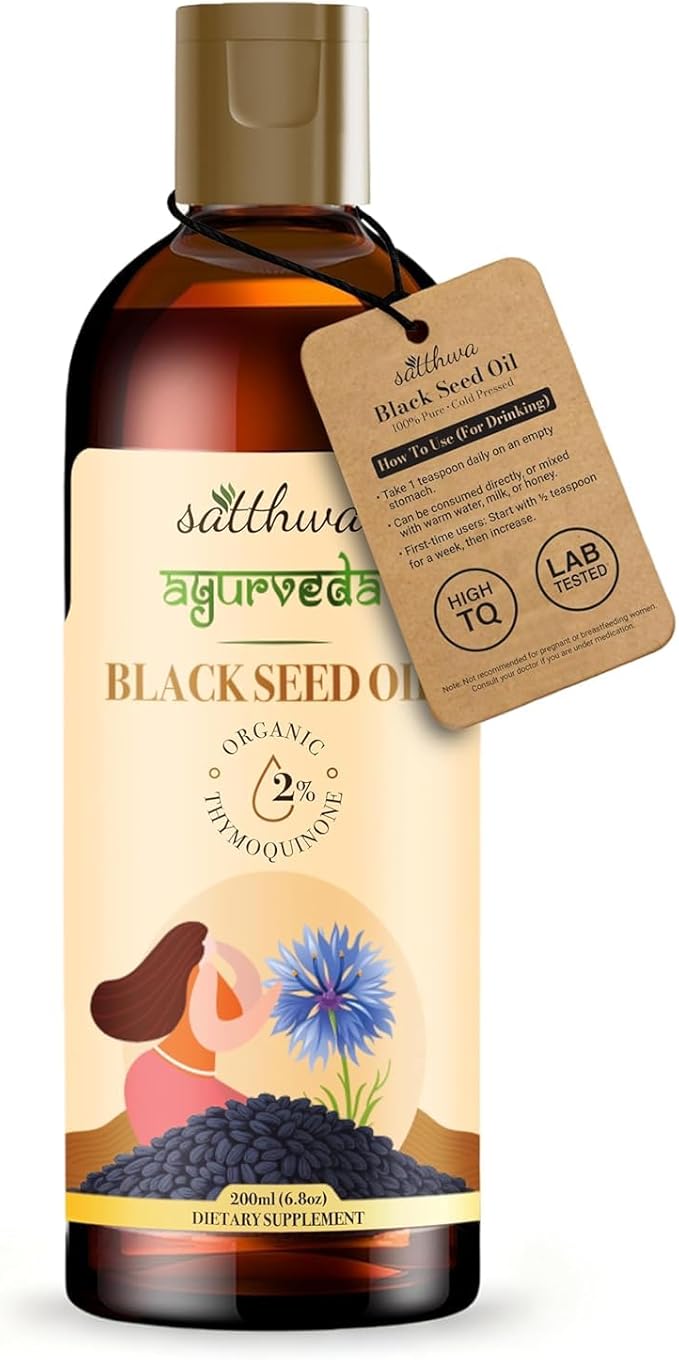 Organic Black Seed Oil – Edible - Cold-Pressed 100% Pure Nigella Sativa Oil High TQ Nutrient-Rich for Immune Hair &amp Skin Support - Satth_wa 200ml