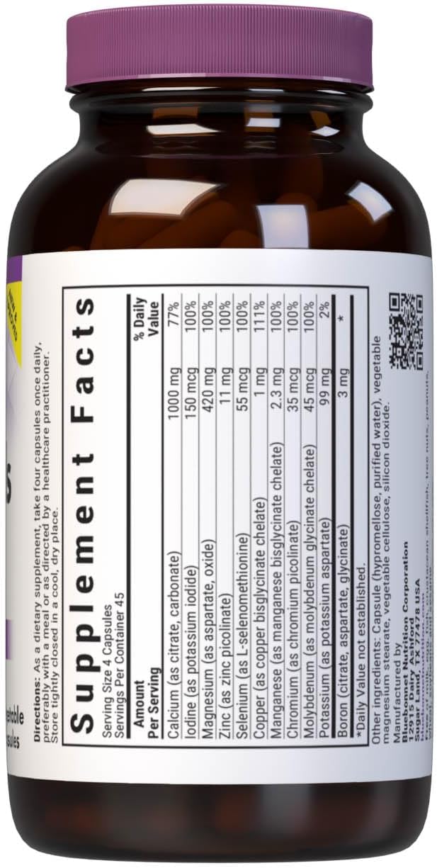 Bluebonnet Multi Minerals Supplement Plus Boron Chelated Magnesium Potassium Copper Selenium Manganese Chromium &amp Zinc Complex for Women &amp Men - No Iron Non-GMO Gluten-Free - 180 Vegetable C