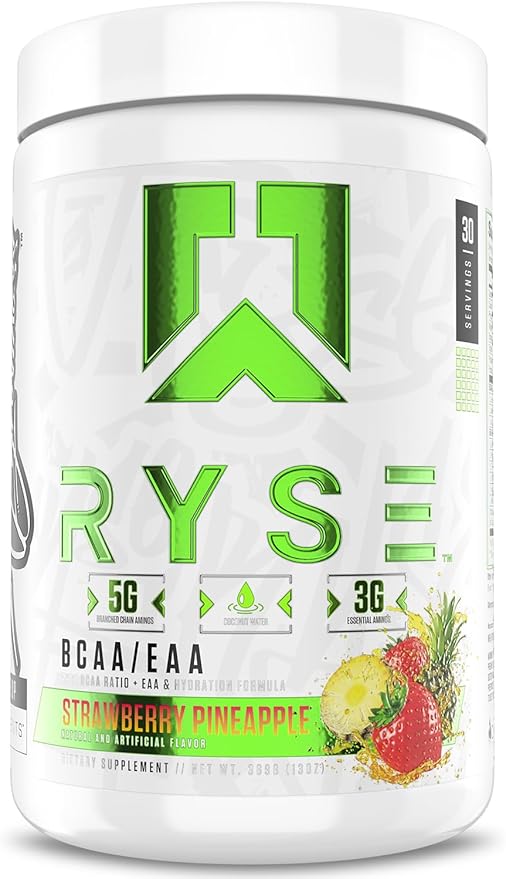 RYSE BCAA EAA Powder - Strawberry Pineapple - 5g Branched Chain Amino Acids 3g Essential Aminos Sugar-Free Electrolytes for Pre &amp Post Workout Muscle Recovery Hydration and Strength - 30 Servin
